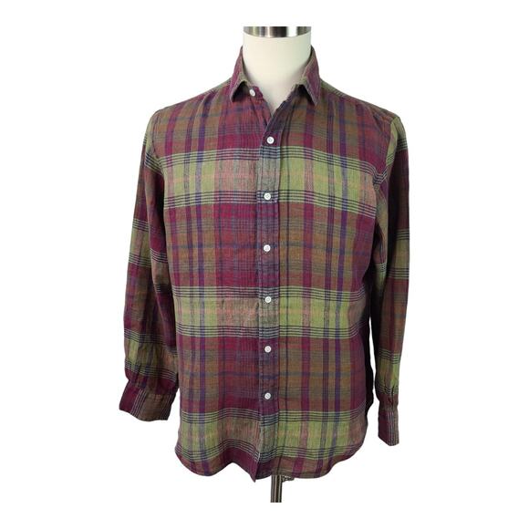 Polo Ralph Lauren Green Red Purple Linen Button Down Shirt Large - Picture 1 of 5
